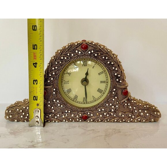 Vintage Mantle Clock with Enameled Metal and Embedded Beads & Roman Numerals. - Picture 8 of 9